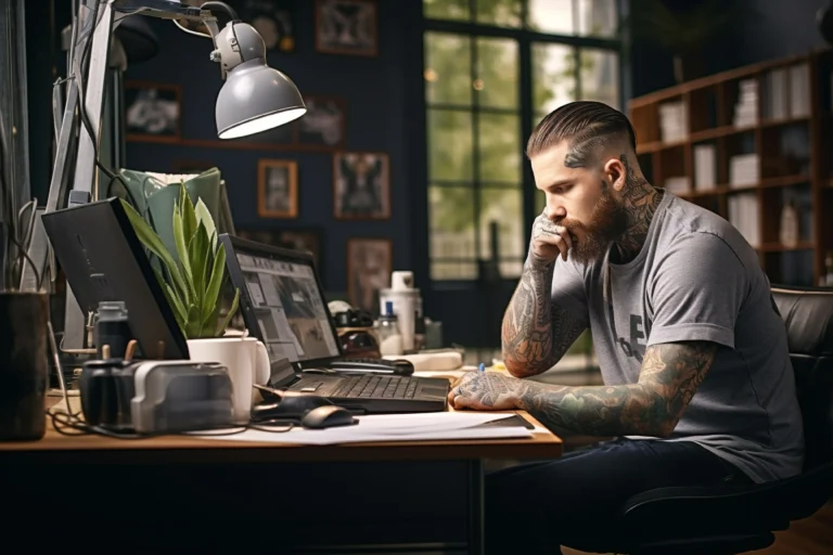 Tattoo artist looking at marketing on his computer